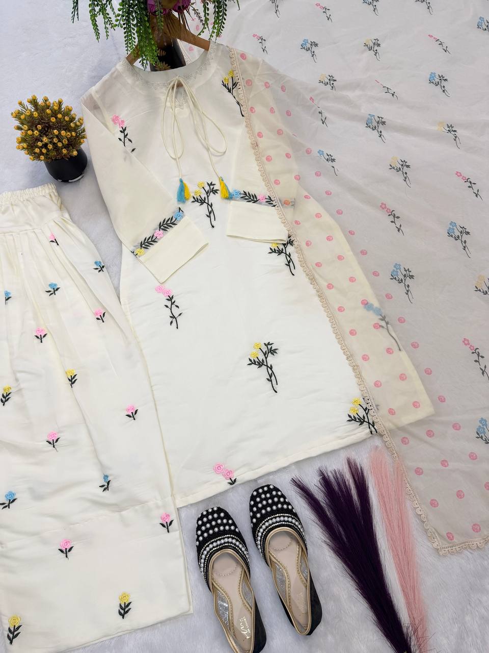 Off-White Pastel Flora Palazzo Suit